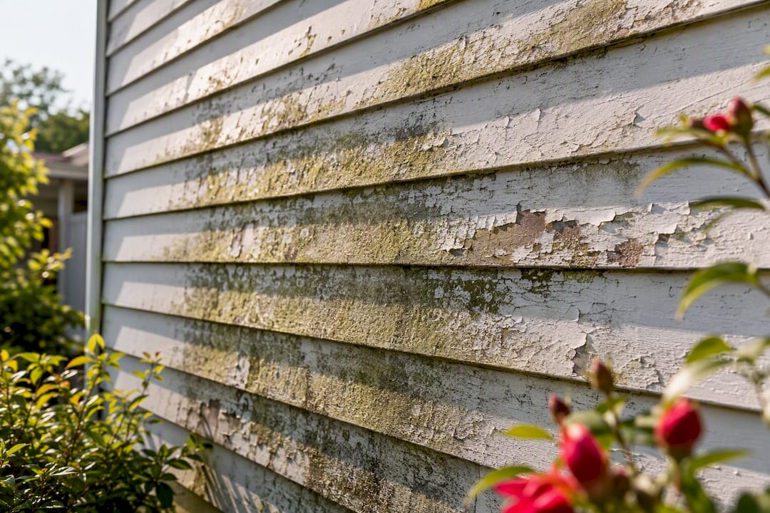 Close-up of mold and algae streaks on siding