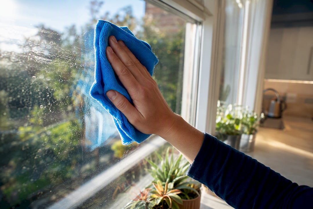 Microfiber cloth cleaning window glass