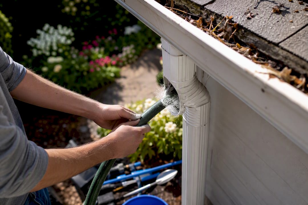 Hands flushing downspout with hose water