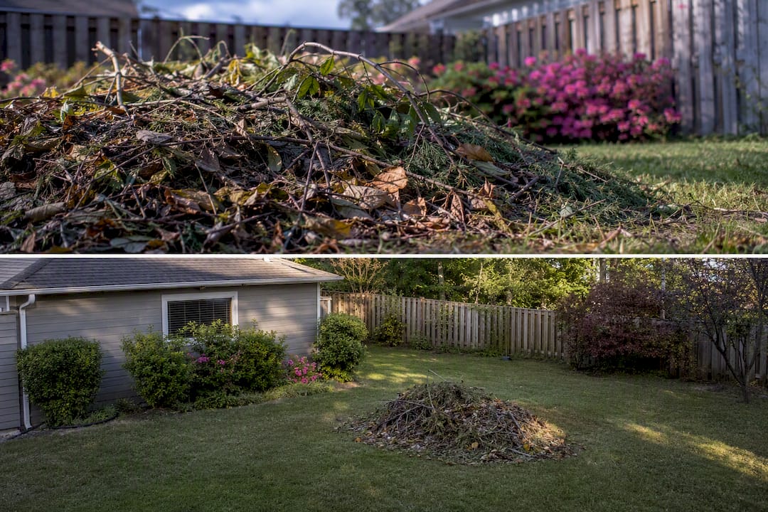 Two angle yard waste piles in backyard