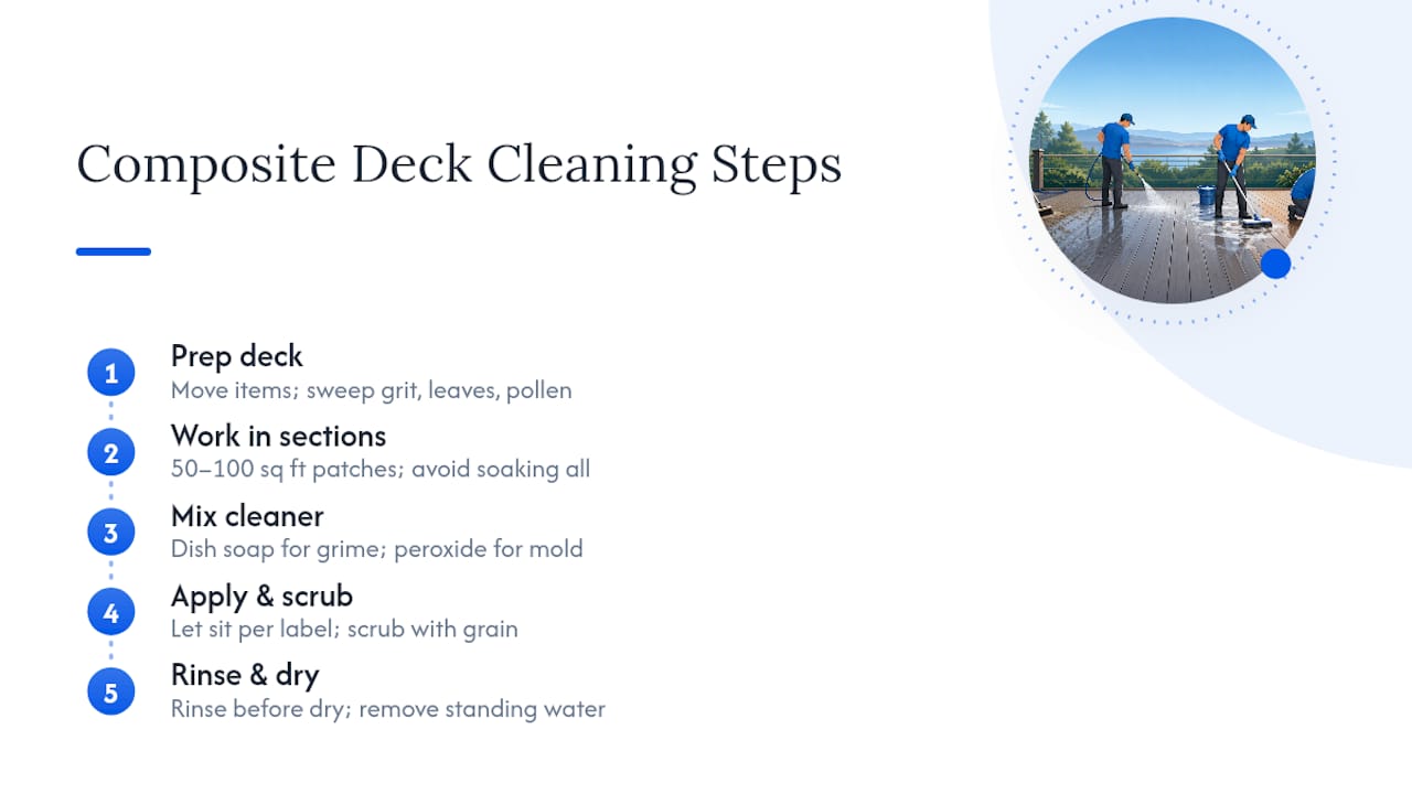 Diagram illustrating five steps of composite deck cleaning
