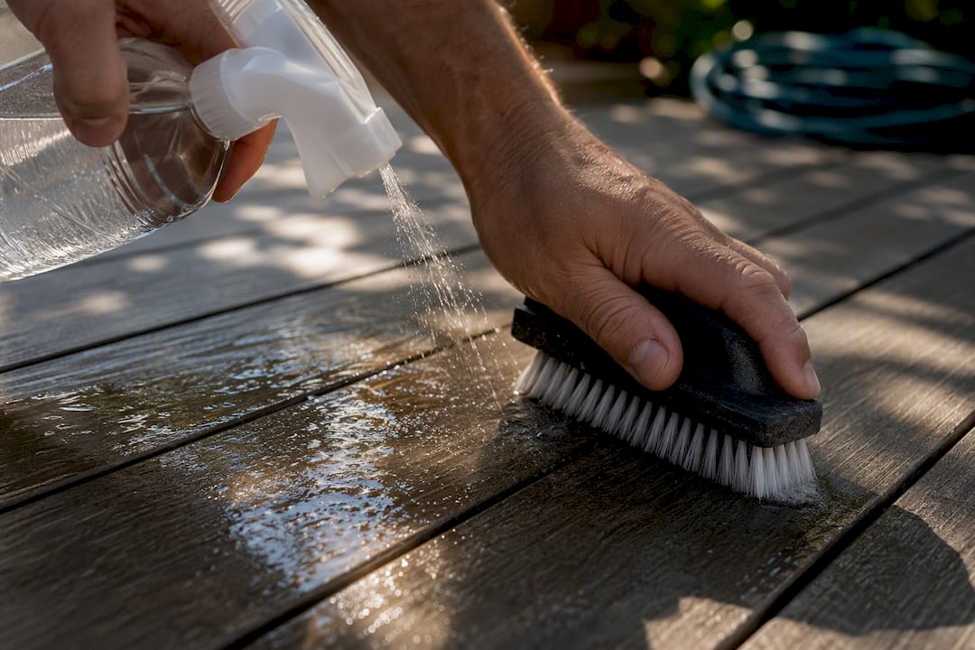 Cleaning solution being applied and scrubbed on deck boards