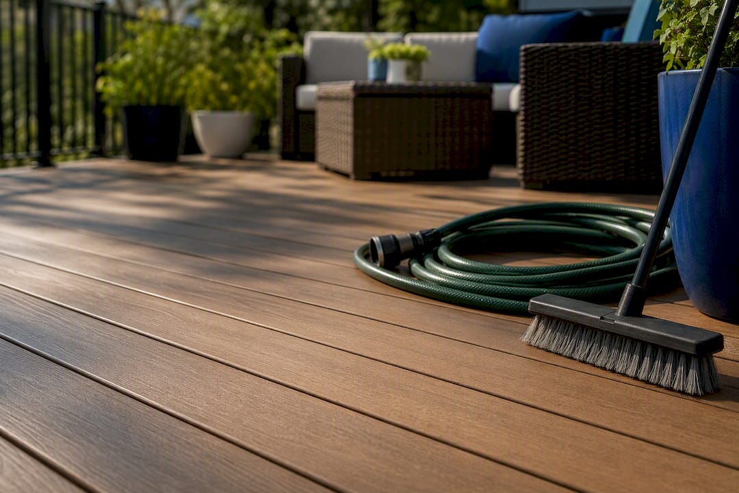 Prepared composite deck with cleared furniture and cleaning tools