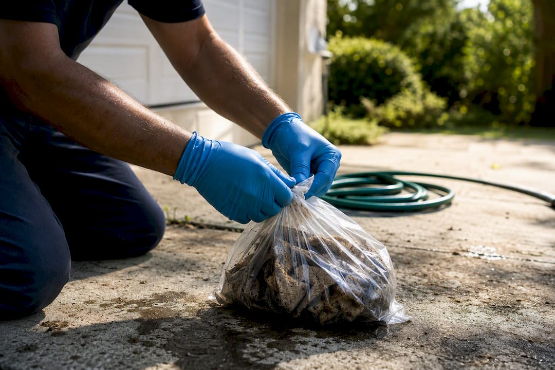 Sweeping up oil-soaked absorbent on driveway