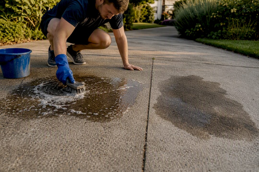 Comparison of fresh and old oil stains on driveway