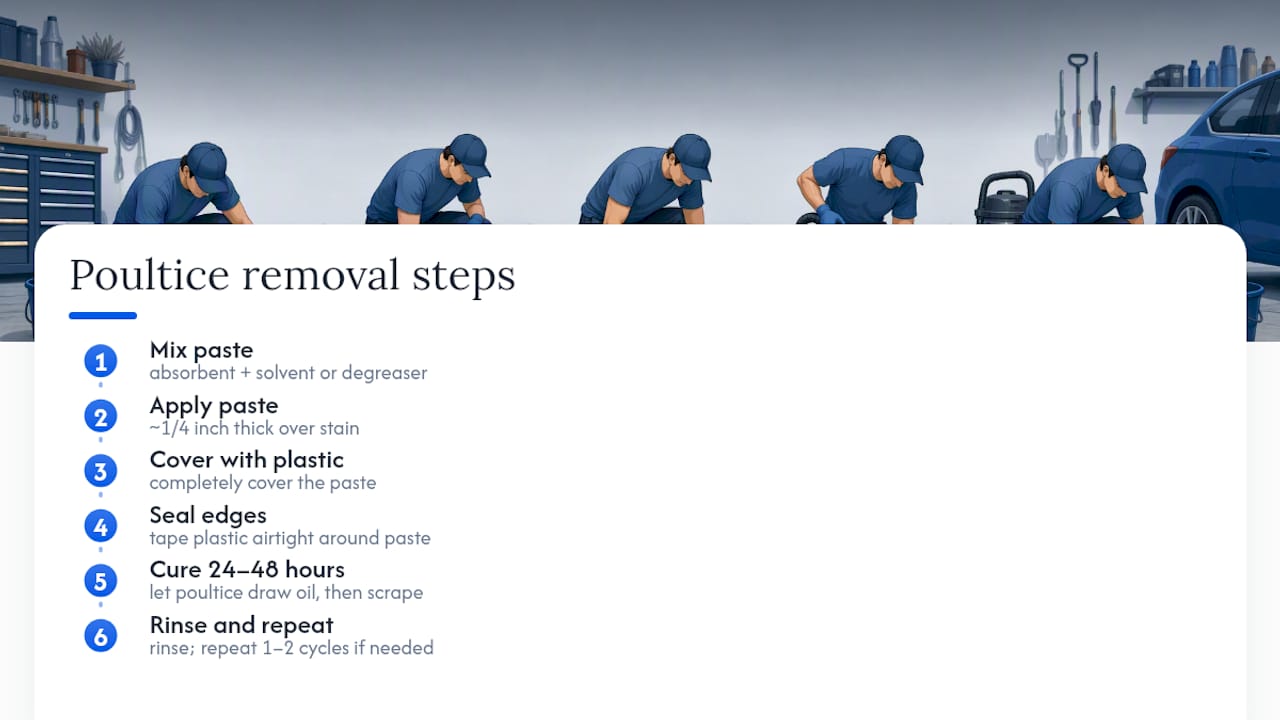 Diagram showing steps to prepare and apply poultice for oil stain removal