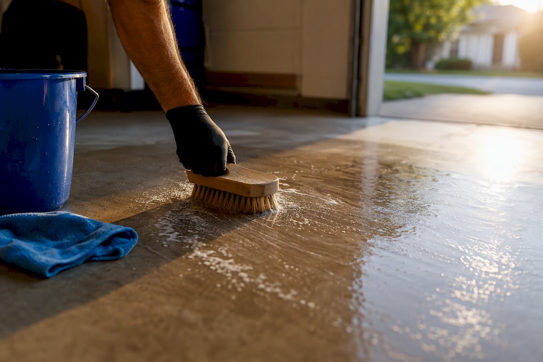 Gloved hand scrubbing garage floor with alkaline cleaner