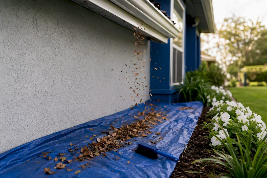 Tarp catching debris beneath a house gutter