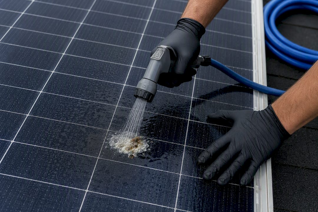 Gloved hands wetting droppings on panel