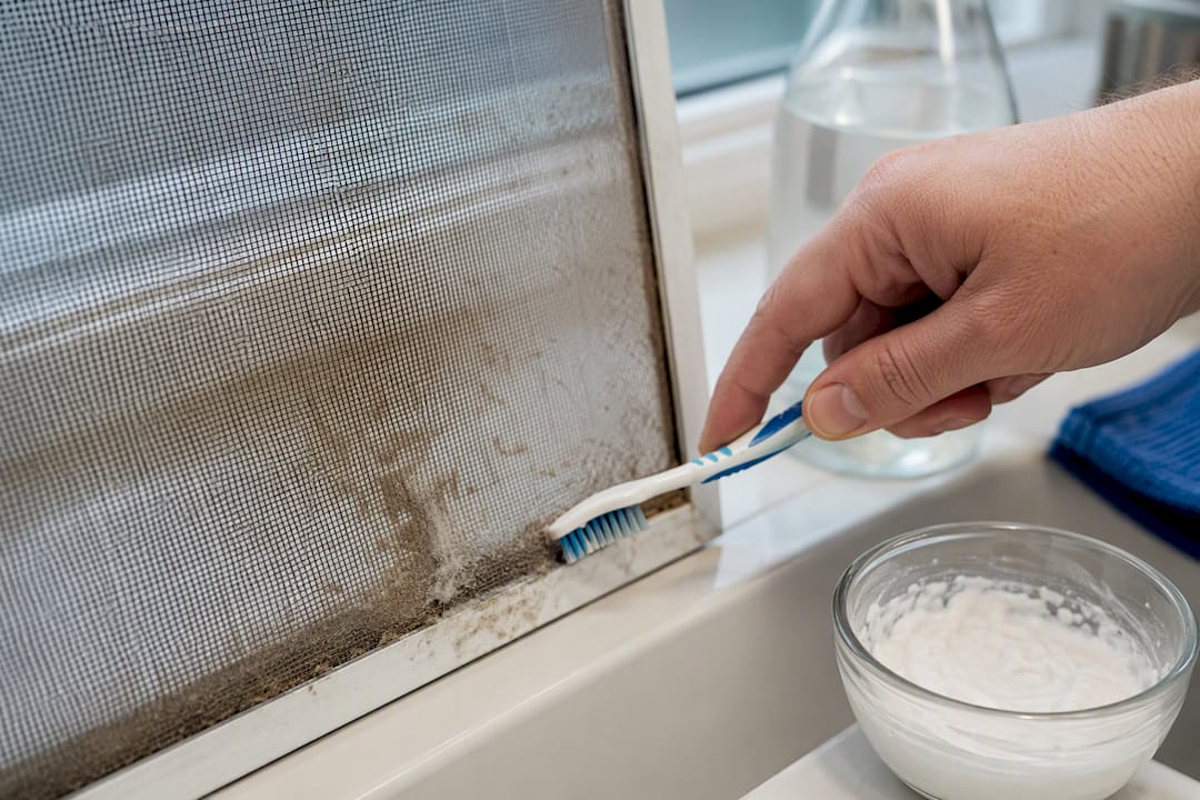 Vinegar solution applied to stained screen mesh