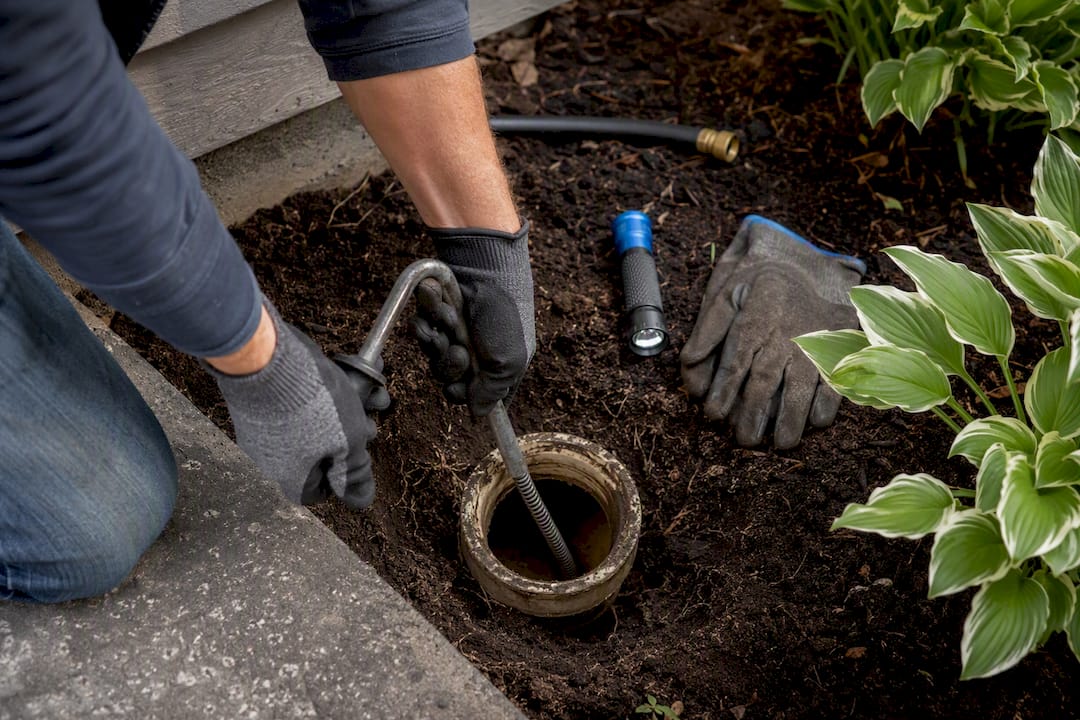 Hand auger entering an exposed drainage pipe