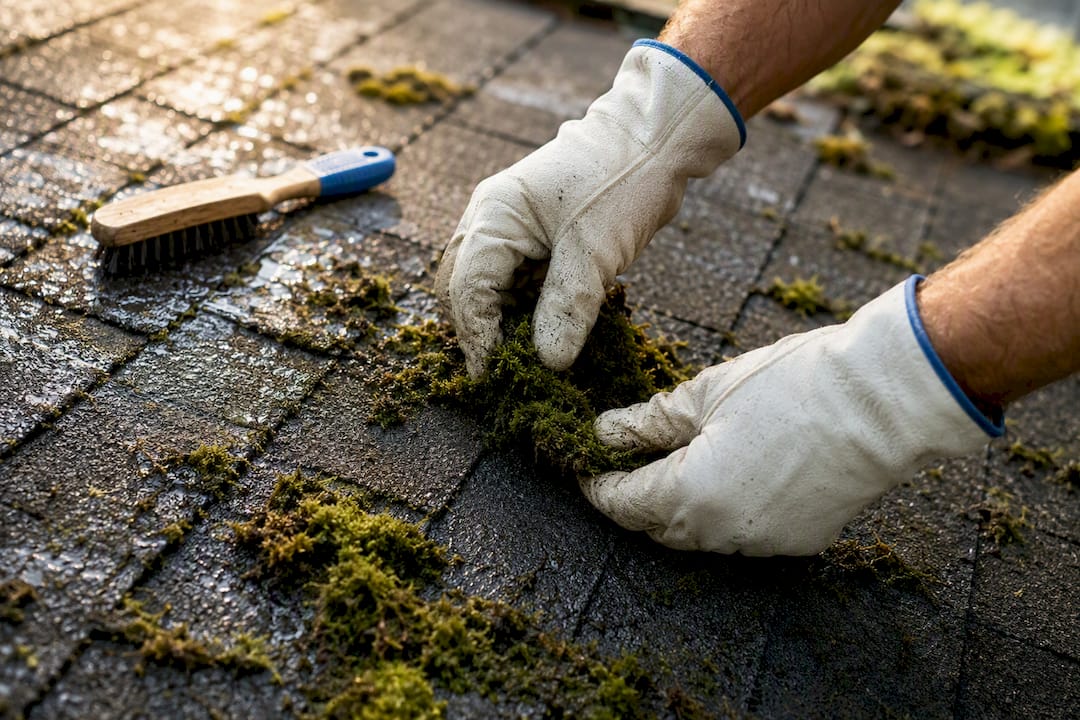Gloved hands lifting wet moss from shingles