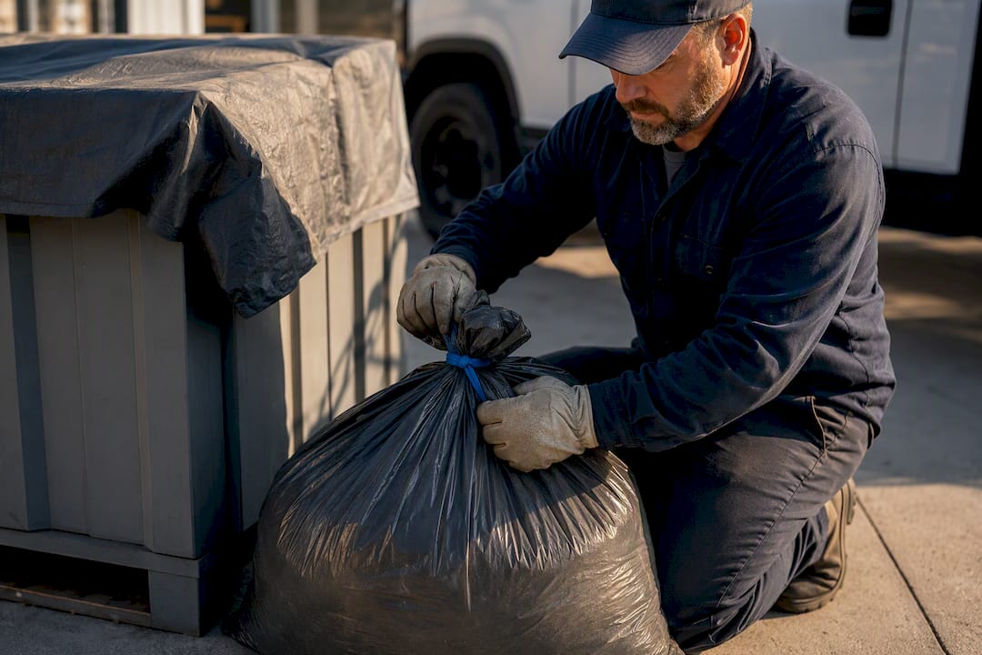 Worker sealing bagged ash debris for removal