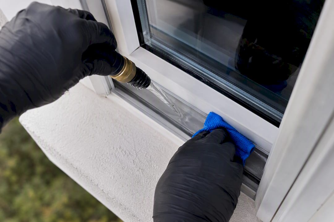 Technician cleaning salt from window track