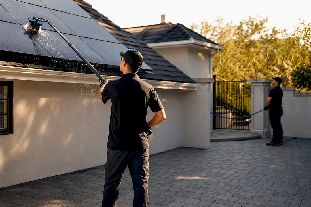 Technician using water-fed pole on solar panels