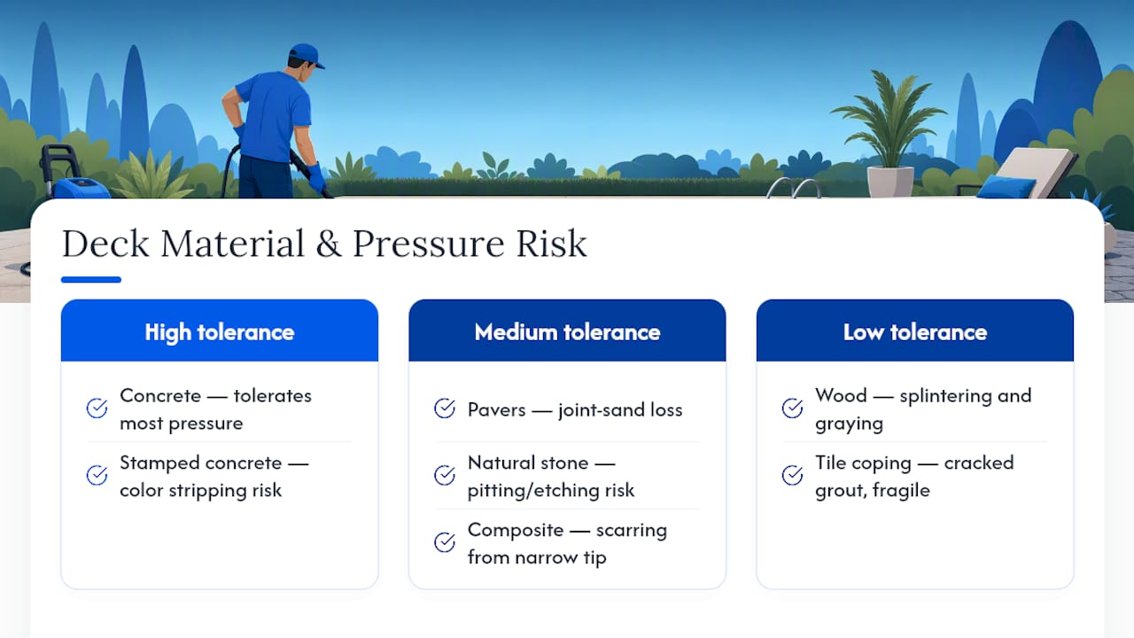 Pool deck materials and pressure washing risks