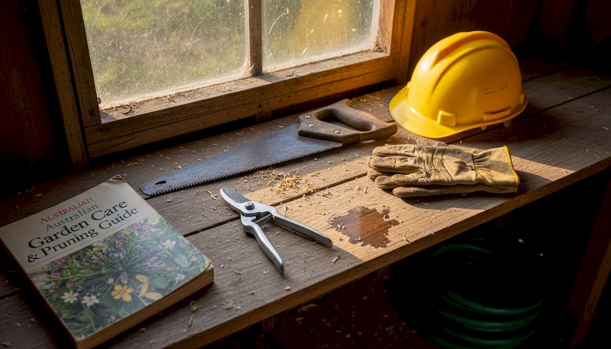 Pruning tools and safety gear on garden bench