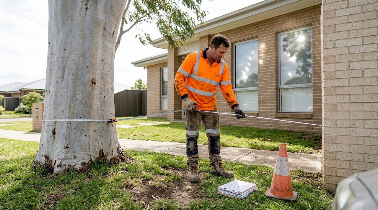 Arborist measuring tree distance from house