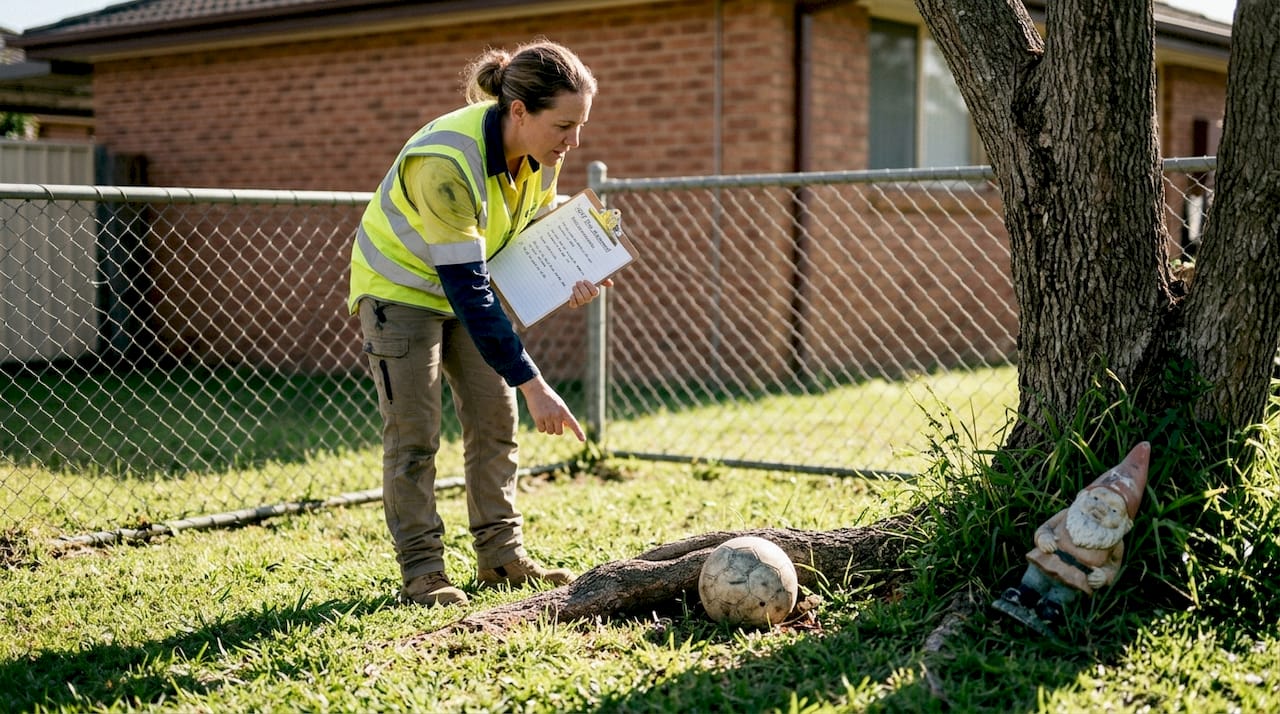 Arborist assessing tree root and taking notes