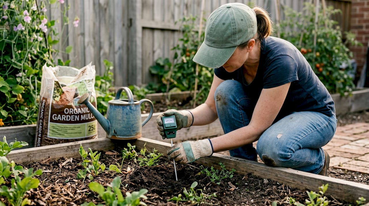 Homeowner using soil pH tester in garden