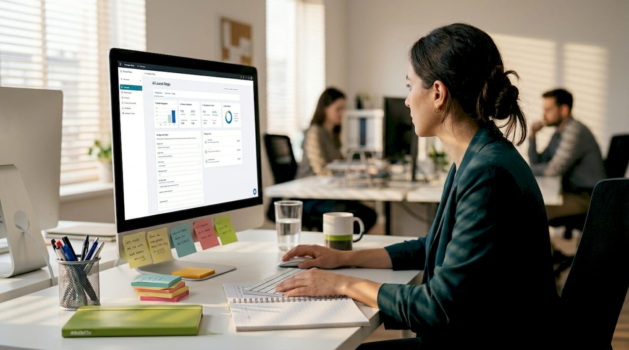 Marketer setting up AI-driven campaign at desk Idea Stream Marketing Marketer setting up AI-driven campaign at desk Idea Stream Marketing