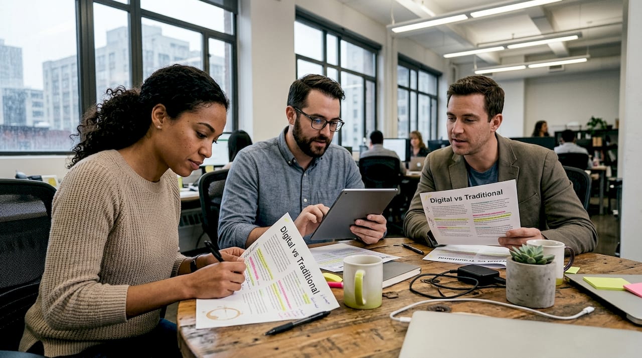 Team reviews digital vs traditional marketing Idea Stream Marketing