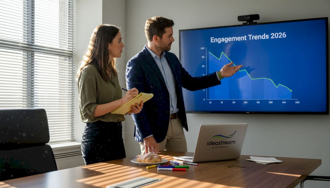 Colleagues reviewing social engagement trends chart