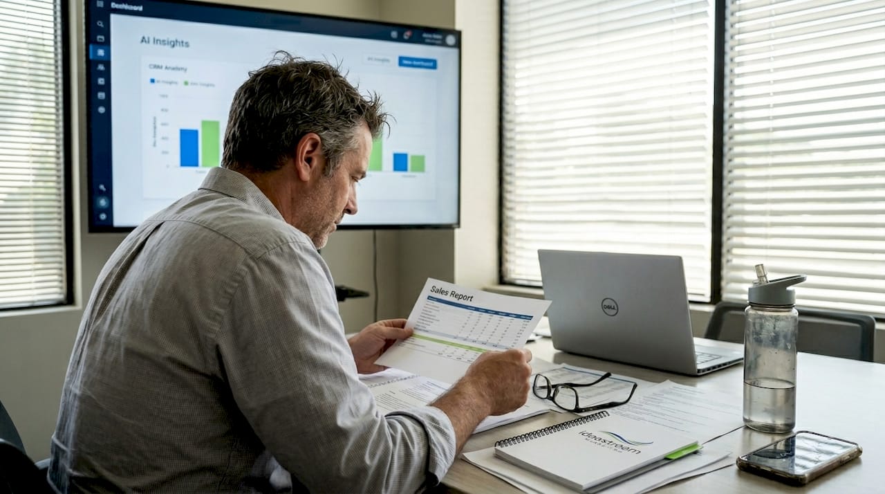 Analyst checks CRM AI insights in meeting room