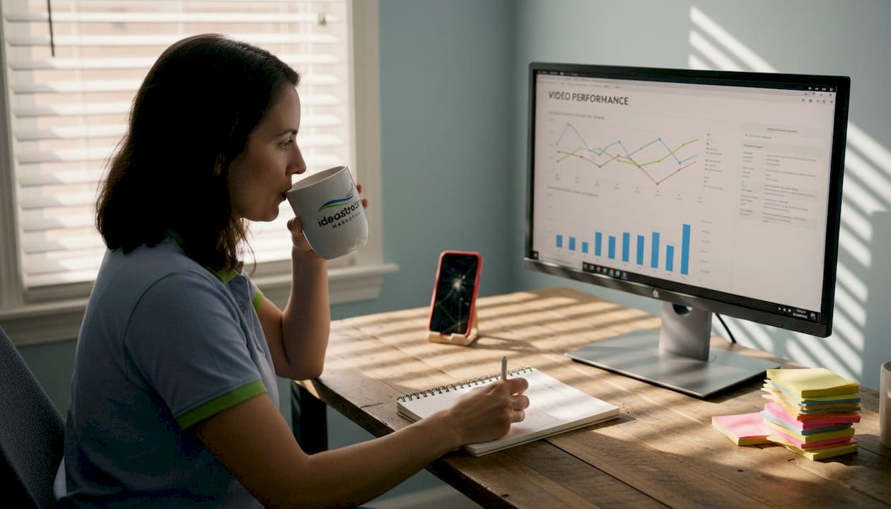 Businesswoman analyzes video strategy results at desk