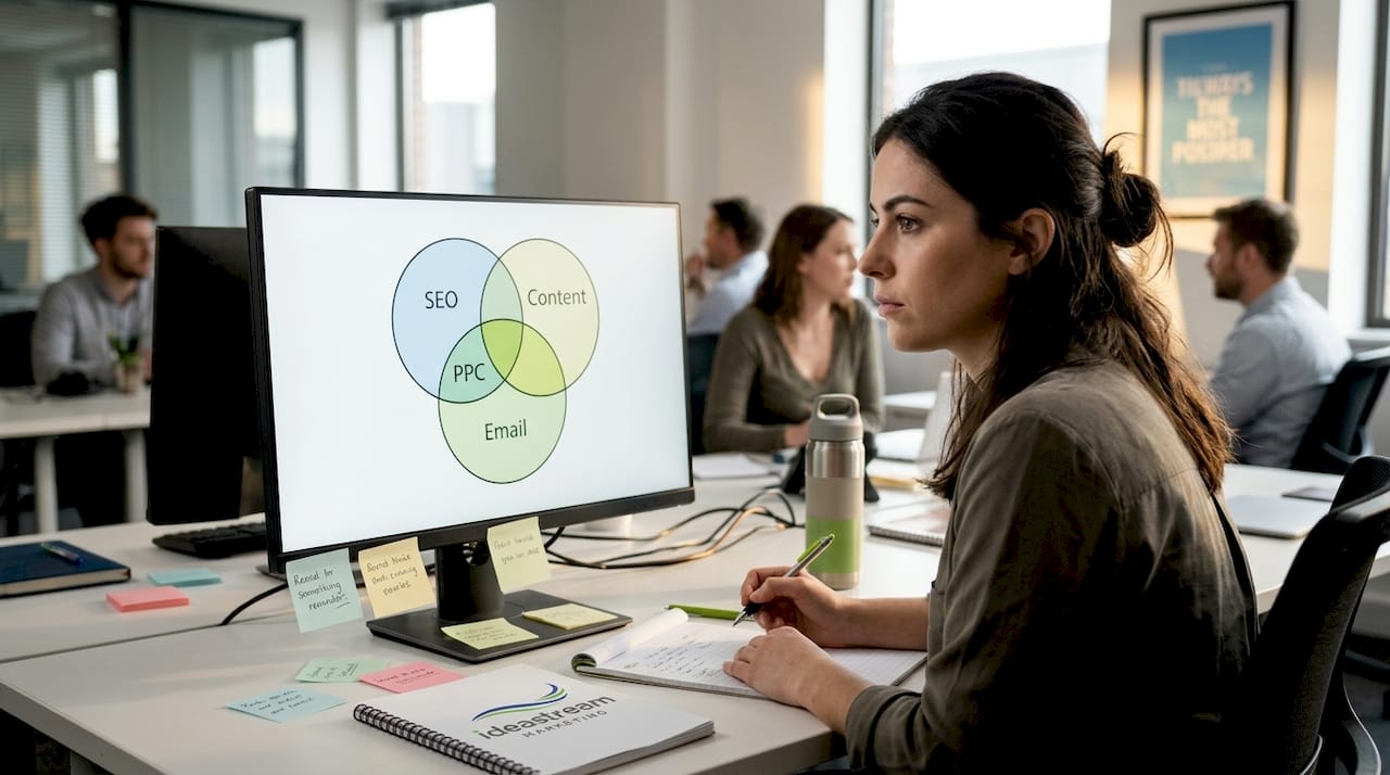 Manager reviewing integrated marketing channel diagram