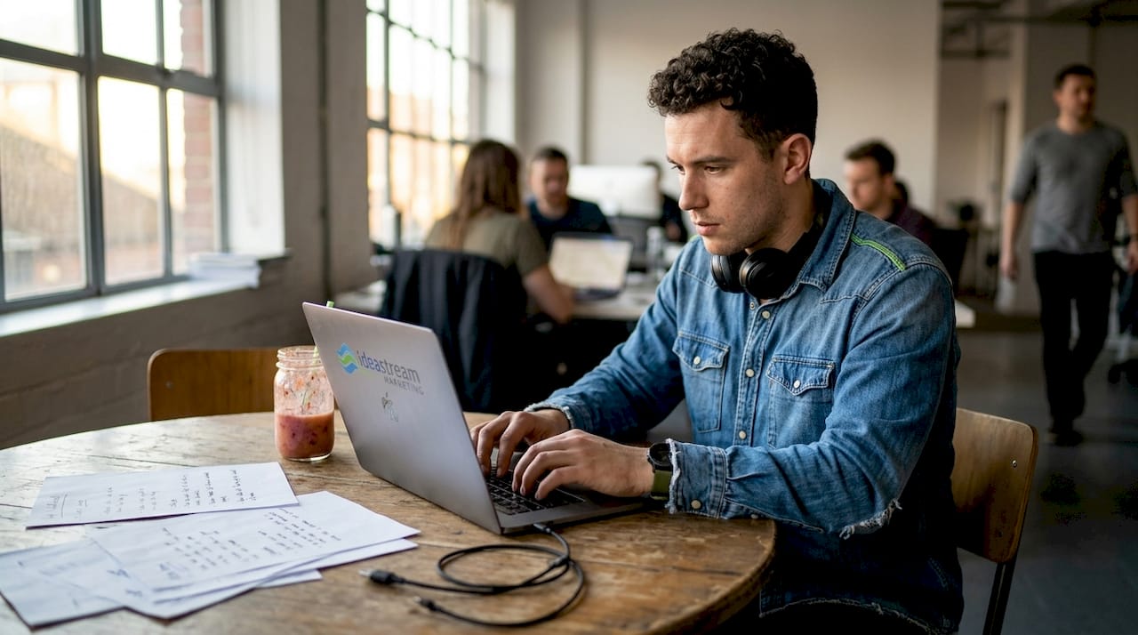 Strategist building email campaign at round table