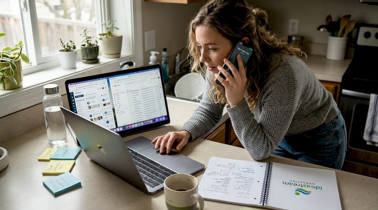 Marketer multitasks lead generation at kitchen counter