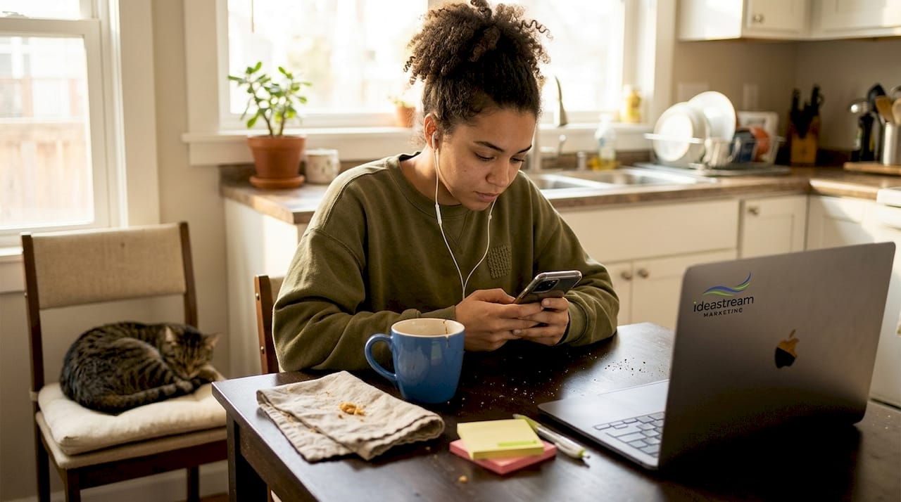 Content creator editing short video at table