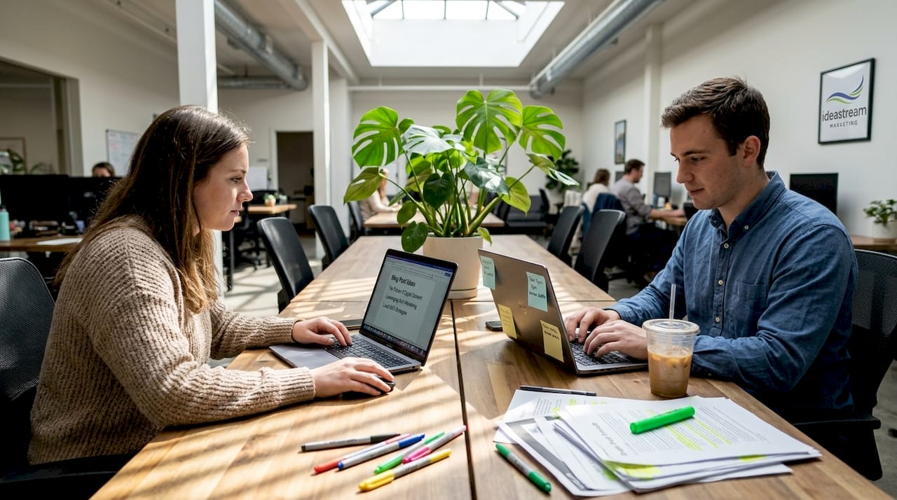 Team collaborating on marketing content creation