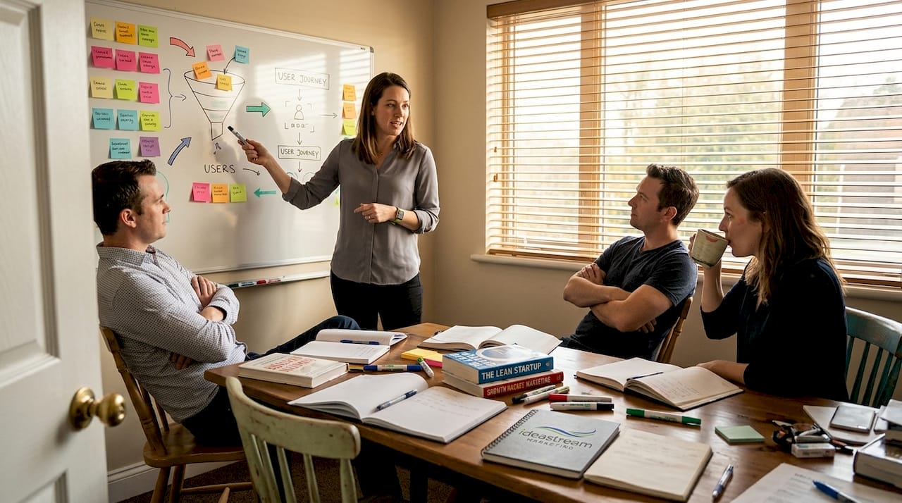 Colleagues collaborating during agency brainstorming session