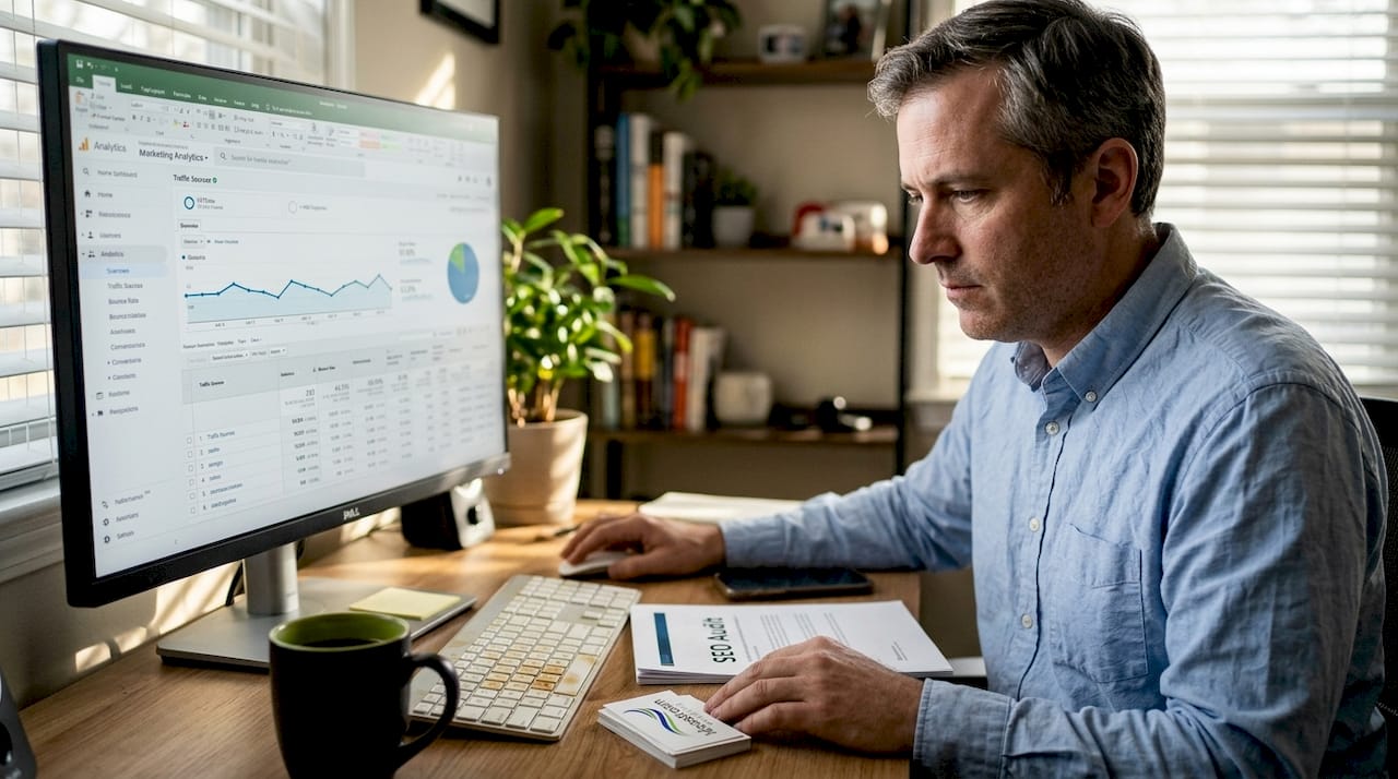 Manager reviewing SEO analytics in home office