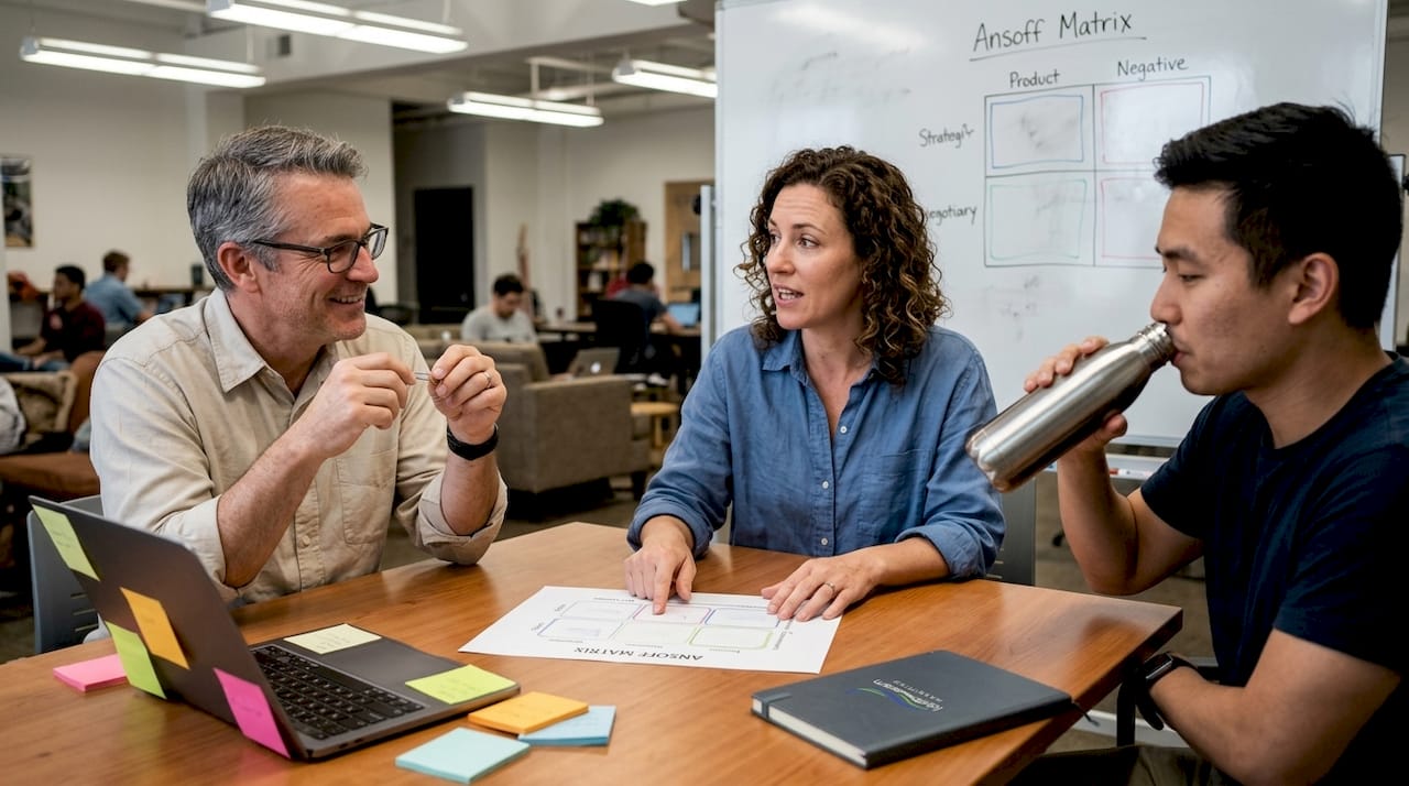 Team discusses Ansoff Matrix at workspace table