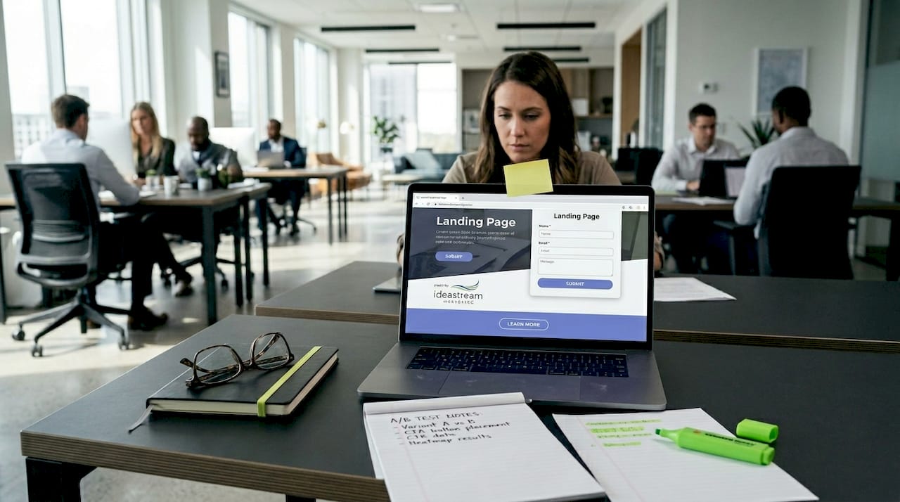 Marketer reviews landing page on laptop in office