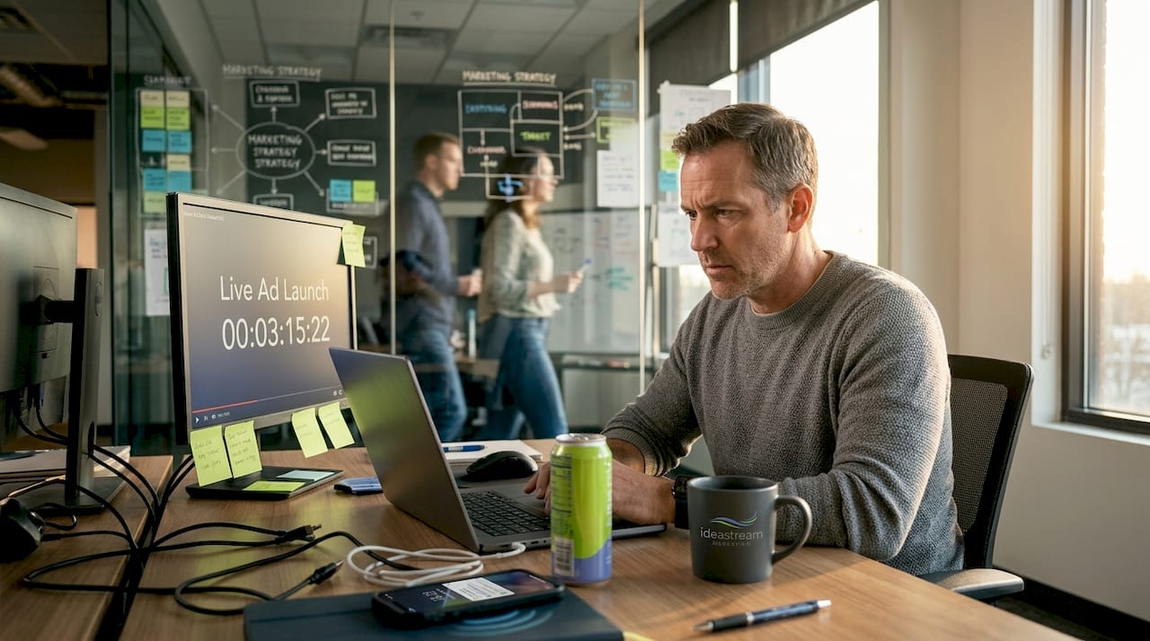 Media buyer launching rapid ad campaign