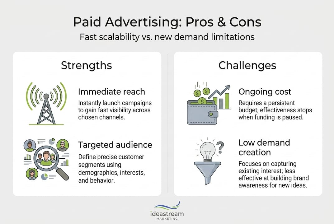 Infographic showing paid ads strengths and challenges