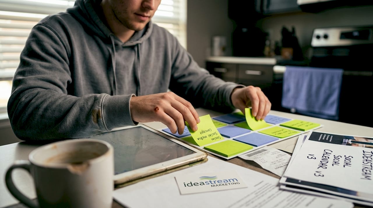 Man planning social media content at kitchen table