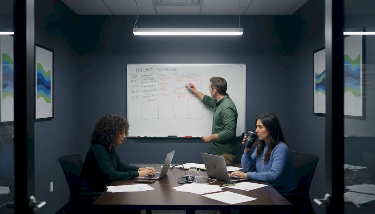 Team planning podcast episodes in office setting
