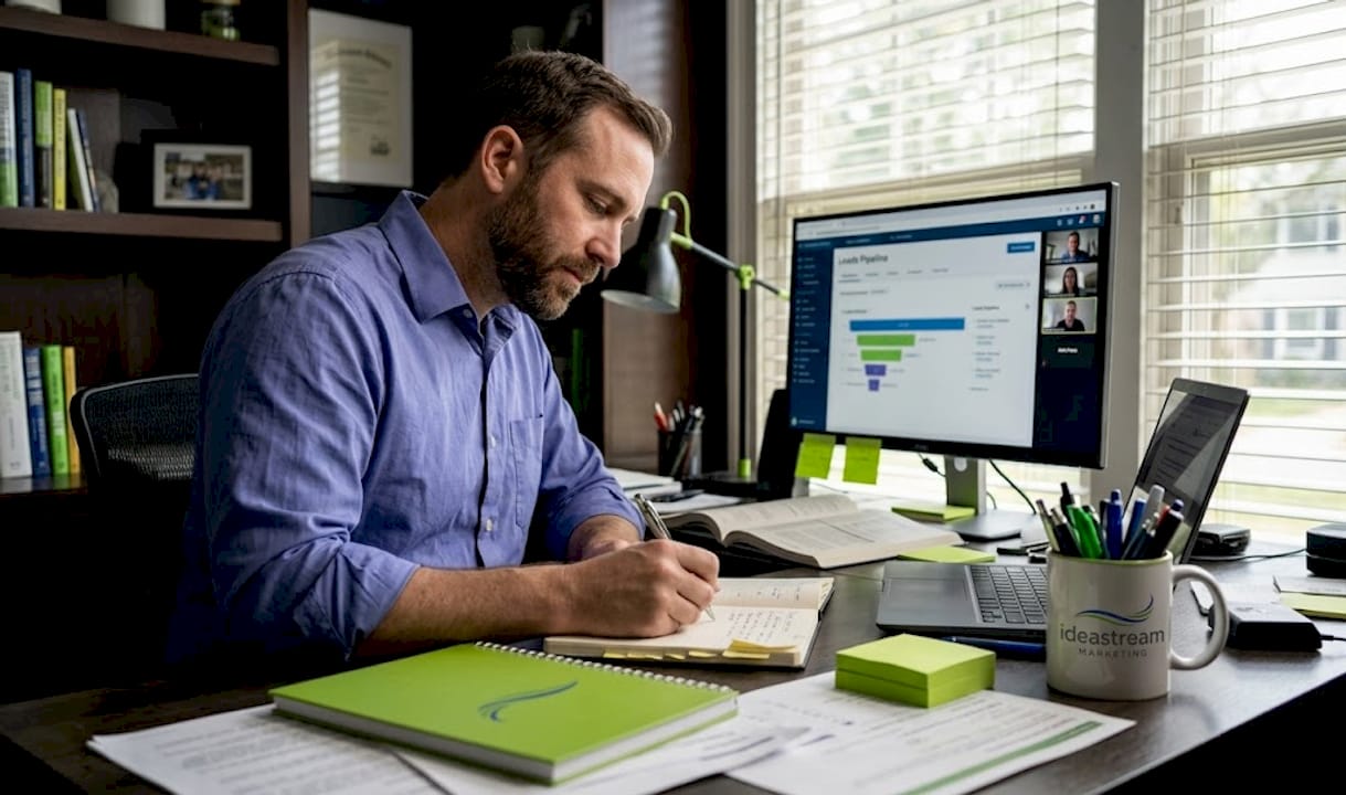 Manager joins video call at cluttered desk