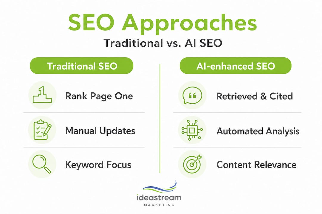 Infographic comparing traditional and AI SEO methods