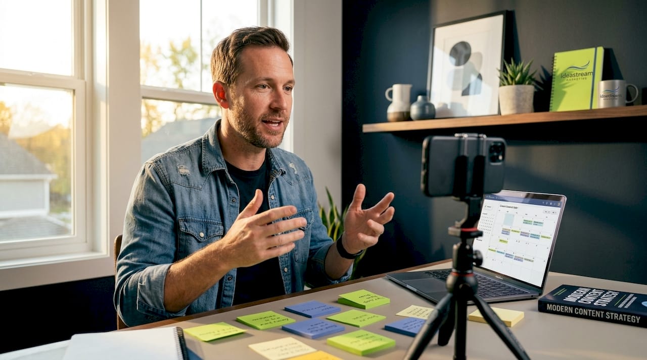 Business owner filming YouTube in home office