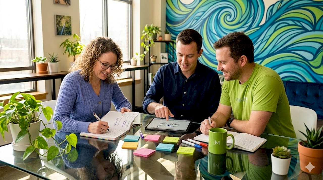 Small business team brainstorming content strategy
