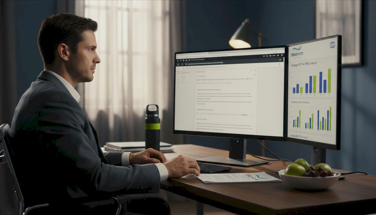 Attorney reviews SEO and PPC data in workspace
