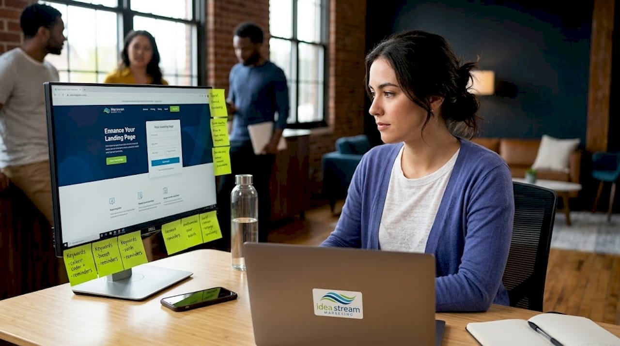 Marketer reviewing ad landing page