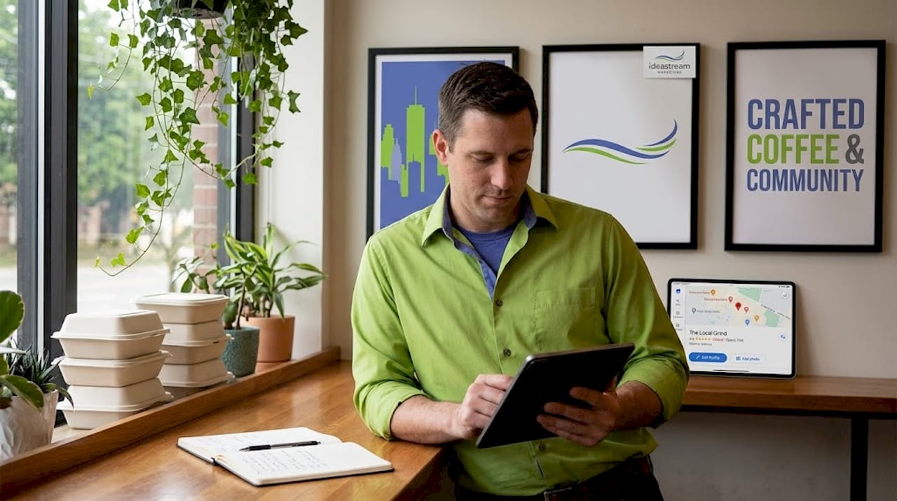 Manager updating Google profile behind counter