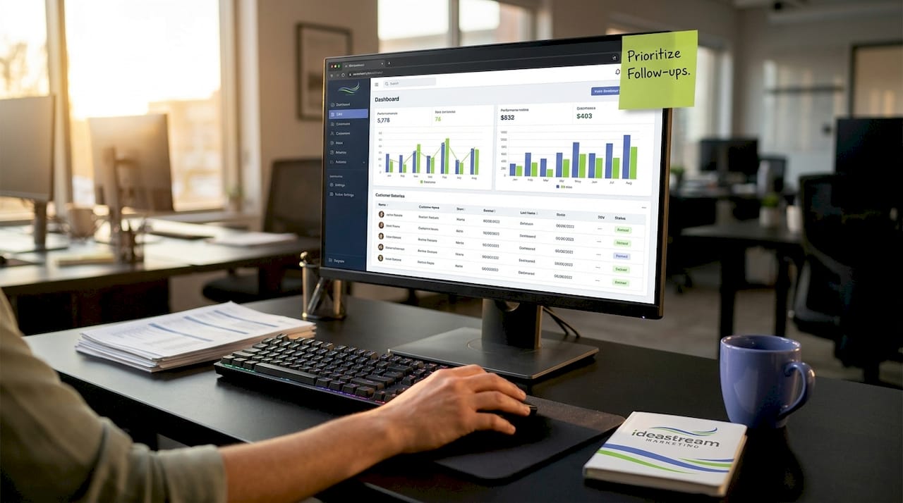 Active CRM automation dashboard on office desktop